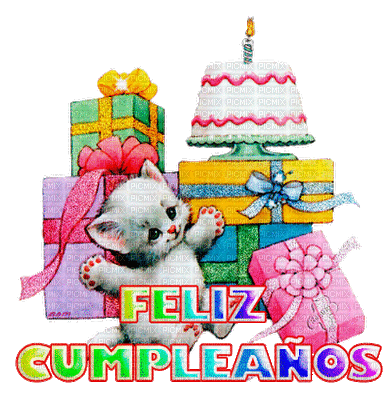 Листівка гіфка з днем народження іспанською мовою, кошеня, подарунки