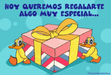 Анімована листівка з днемнародження на іспанській мові. Каченята дарують подарунок